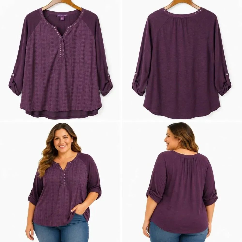 Gloria Vanderbilt Purple Studded Tunic Top Size Large